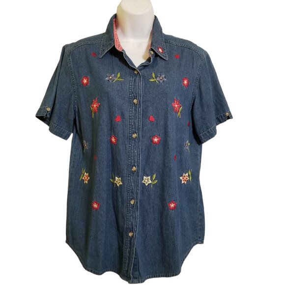Vintage Womens Shirt Button Up Blouse Medium Denim Embroidered Flowers - Picture 3 of 10